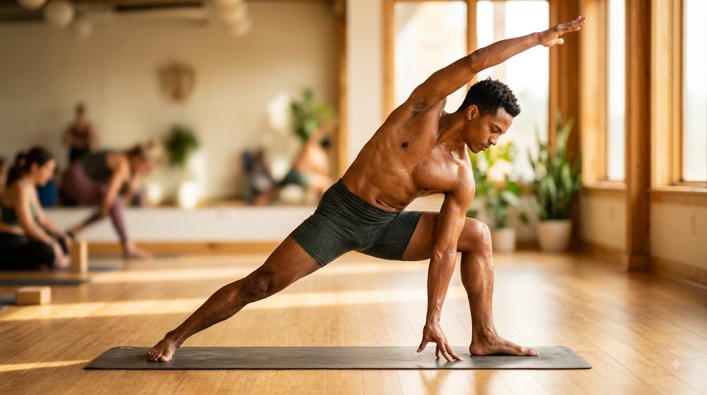 Fit person in powerful yoga pose with natural light in studio.