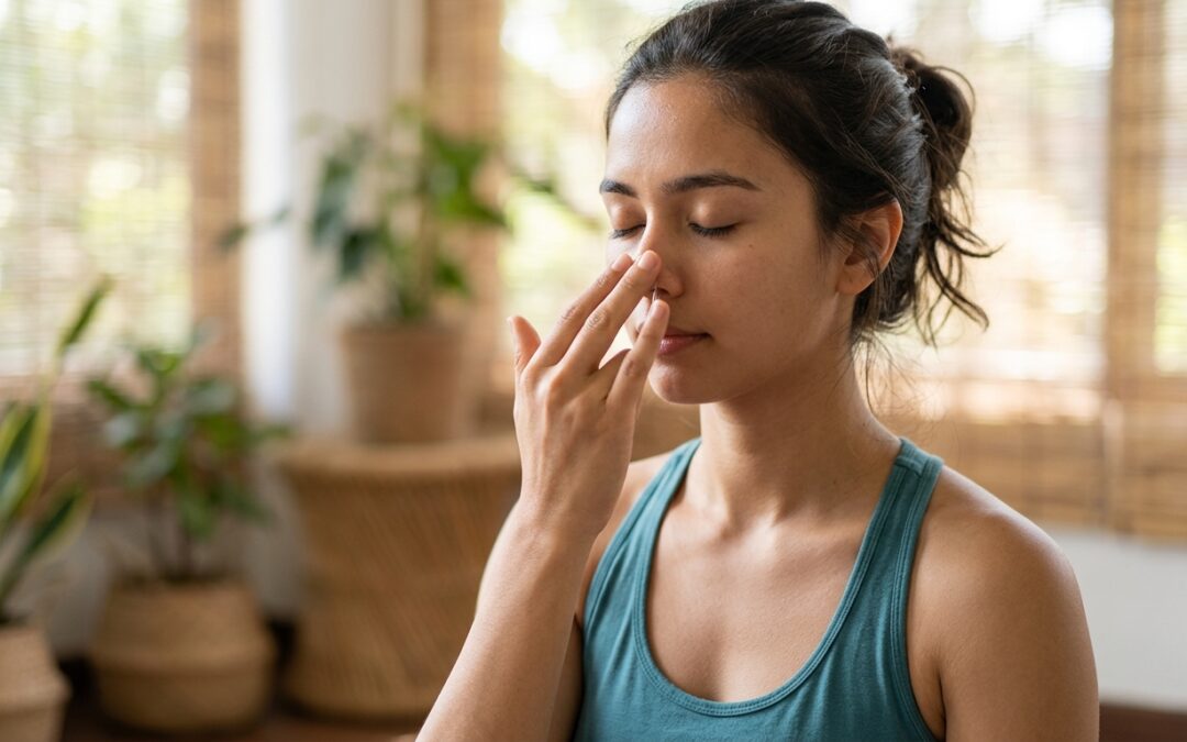 Woman performing Pranayama breathing techniques in a seated meditation pose