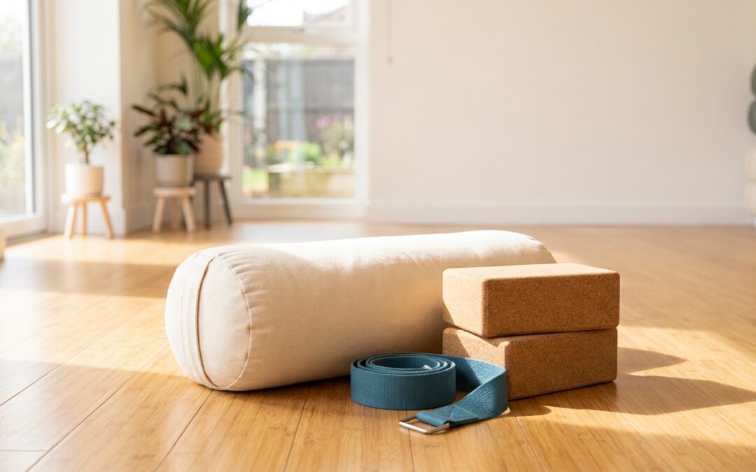 Natural yoga props including a bolster, cork blocks, and a folded strap on a light wood floor.
