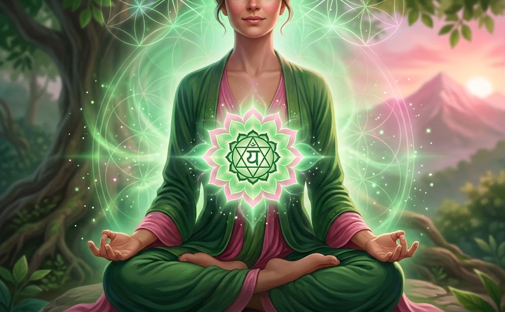 Meditating woman in lotus pose surrounded by a glowing green Anahata heart chakra lotus symbol and sacred geometry in nature at sunrise.