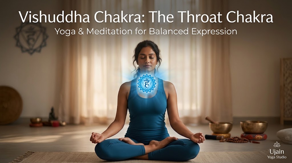 Serene person meditating outdoors near water, focusing on Vishuddha chakra throat energy in blue glowing light