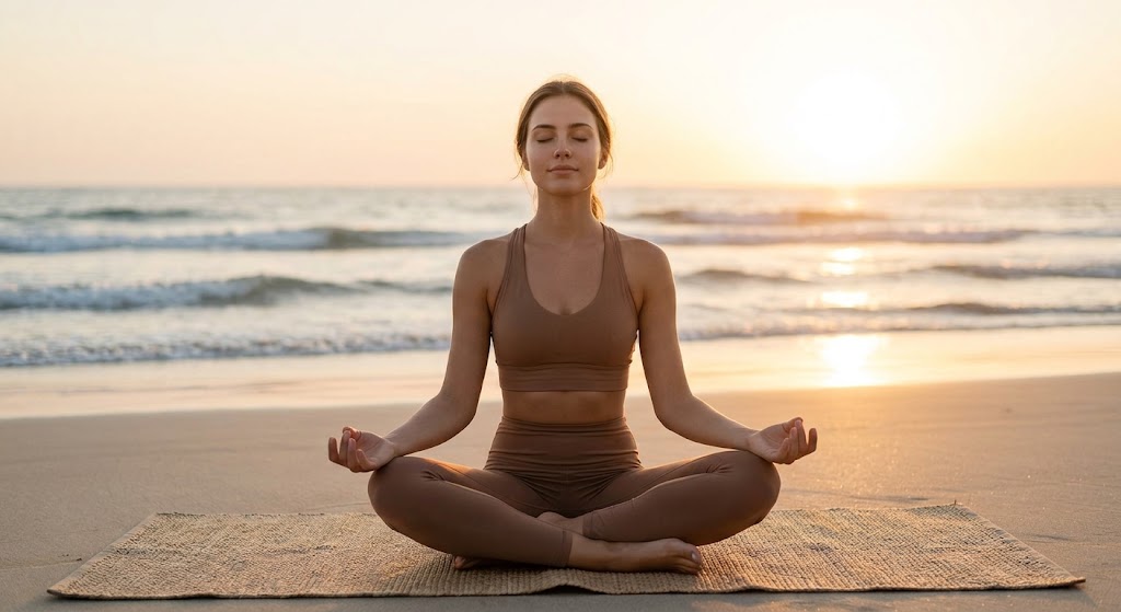 A person practicing a calming yoga pose in a peaceful, sunlit space.
