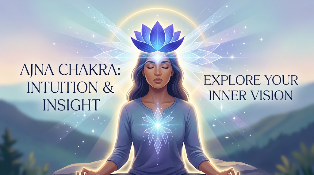 An illustrative image of a person in deep meditation, with the purple Ajna chakra symbol glowing at the third eye point, radiating geometric light and a calm aura.