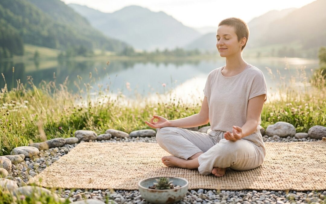 An illustrative featured image for a 'Meditation 101' blog post, showing a person sitting peacefully in meditation outdoors with calm energy, and text overlay that reads "MEDITATION 101"